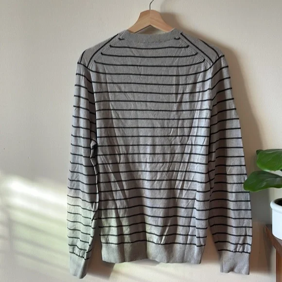 Vince Mens Stripe Crewneck Wool & Linen Sweater Medium Heather Grey Blue $225